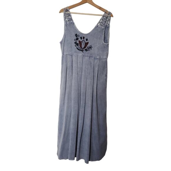 Embroidered Chambray Midi Dress Teacher Retro 90s - Picture 3 of 8